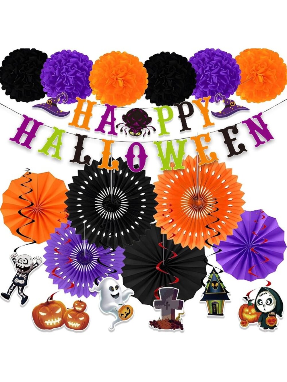 Purple Black Pompom Banner Garland Fans Hanging Swirls Party Decor Accessories